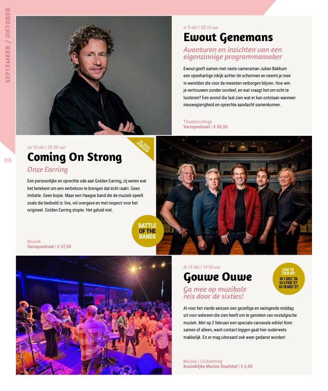 Ron van Noord — Grafisch ontwerp, DTP, Visuele campagnes, Visual design, Content + campagnes — Theater De Kampanje — Theatergids 2026–2027 — Beeld: Magazinepagina 8 — Project: Een energieke theatergids en straatcampagne voor seizoen 2026–2027, met meerdere opvallende…