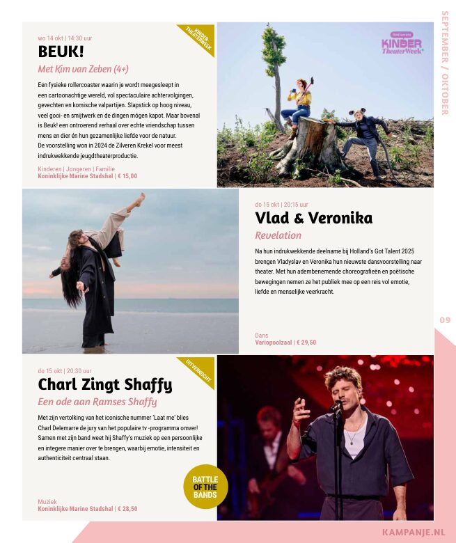 Ron van Noord — Grafisch ontwerp, DTP, Visuele campagnes, Visual design, Content + campagnes — Theater De Kampanje — Theatergids 2026–2027 — Beeld: Magazinepagina 9 — Project: Een energieke theatergids en straatcampagne voor seizoen 2026–2027, met meerdere opvallende…