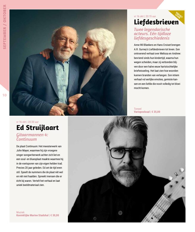 Ron van Noord — Grafisch ontwerp, DTP, Visuele campagnes, Visual design, Content + campagnes — Theater De Kampanje — Theatergids 2026–2027 — Beeld: Magazinepagina 10 — Project: Een energieke theatergids en straatcampagne voor seizoen 2026–2027, met meerdere opvallende…