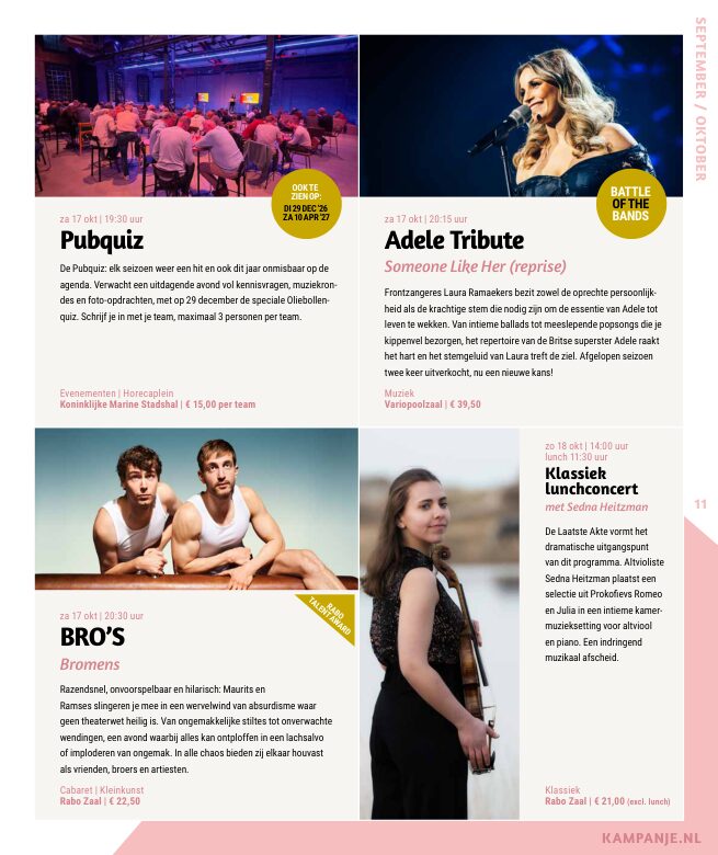 Ron van Noord — Grafisch ontwerp, DTP, Visuele campagnes, Visual design, Content + campagnes — Theater De Kampanje — Theatergids 2026–2027 — Beeld: Magazinepagina 11 — Project: Een energieke theatergids en straatcampagne voor seizoen 2026–2027, met meerdere opvallende…