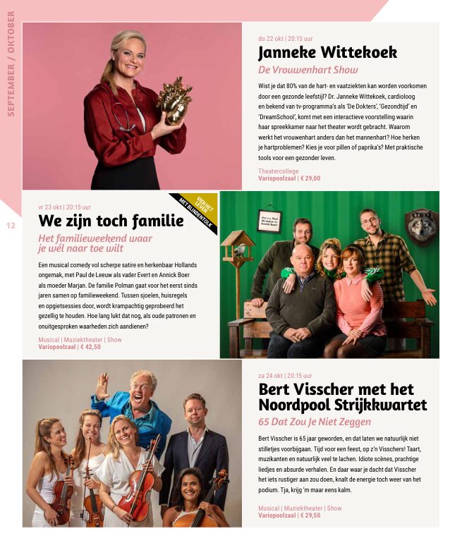 Ron van Noord — Grafisch ontwerp, DTP, Visuele campagnes, Visual design, Content + campagnes — Theater De Kampanje — Theatergids 2026–2027 — Beeld: Magazinepagina 12 — Project: Een energieke theatergids en straatcampagne voor seizoen 2026–2027, met meerdere opvallende…