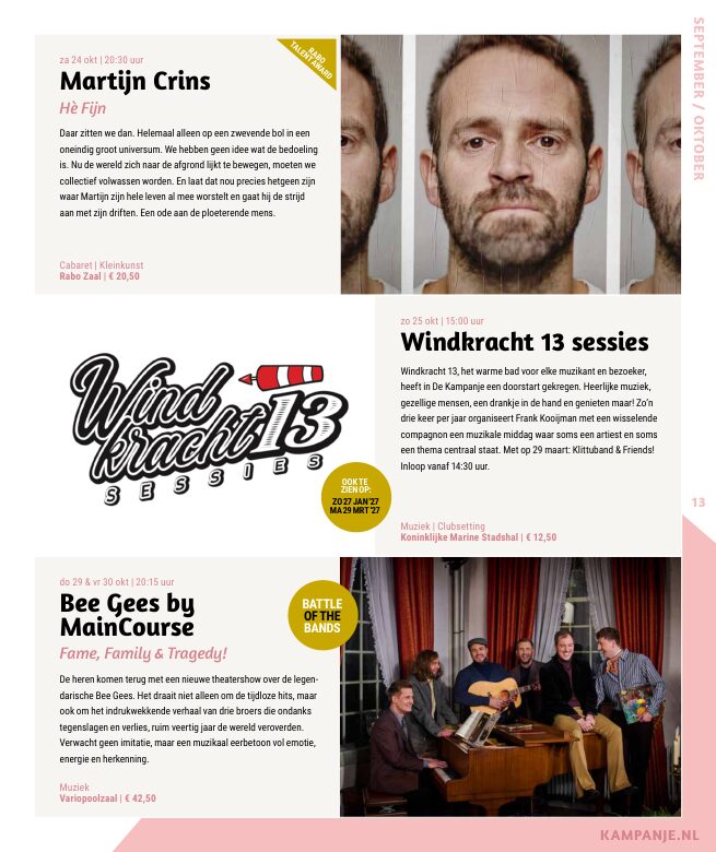 Ron van Noord — Grafisch ontwerp, DTP, Visuele campagnes, Visual design, Content + campagnes — Theater De Kampanje — Theatergids 2026–2027 — Beeld: Magazinepagina 13 — Project: Een energieke theatergids en straatcampagne voor seizoen 2026–2027, met meerdere opvallende…