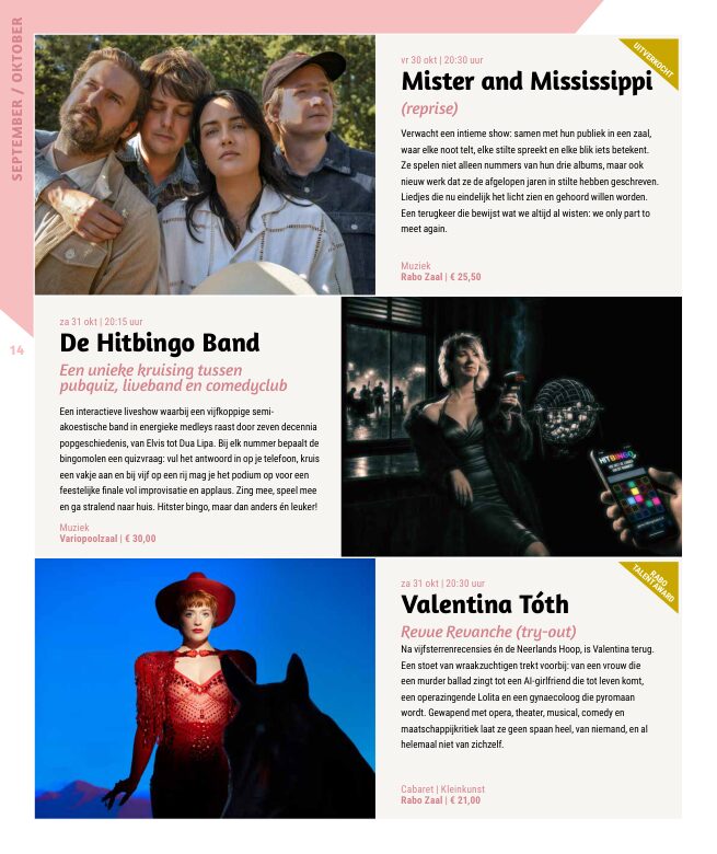Ron van Noord — Grafisch ontwerp, DTP, Visuele campagnes, Visual design, Content + campagnes — Theater De Kampanje — Theatergids 2026–2027 — Beeld: Magazinepagina 14 — Project: Een energieke theatergids en straatcampagne voor seizoen 2026–2027, met meerdere opvallende…