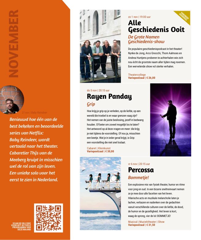 Ron van Noord — Grafisch ontwerp, DTP, Visuele campagnes, Visual design, Content + campagnes — Theater De Kampanje — Theatergids 2026–2027 — Beeld: Magazinepagina 16 — Project: Een energieke theatergids en straatcampagne voor seizoen 2026–2027, met meerdere opvallende…