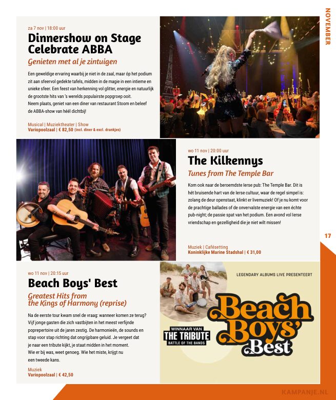 Ron van Noord — Grafisch ontwerp, DTP, Visuele campagnes, Visual design, Content + campagnes — Theater De Kampanje — Theatergids 2026–2027 — Beeld: Magazinepagina 17 — Project: Een energieke theatergids en straatcampagne voor seizoen 2026–2027, met meerdere opvallende…