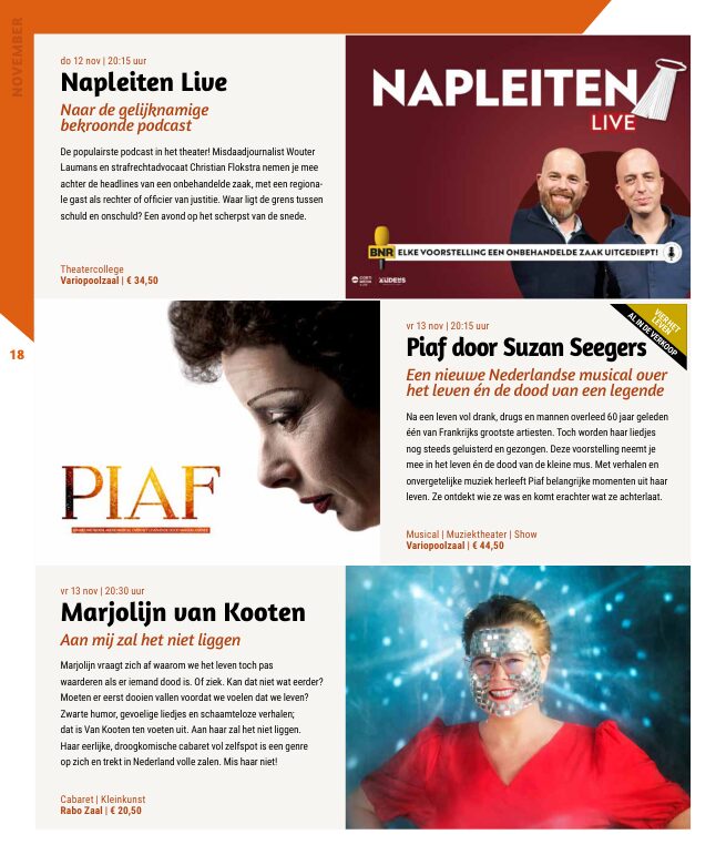Ron van Noord — Grafisch ontwerp, DTP, Visuele campagnes, Visual design, Content + campagnes — Theater De Kampanje — Theatergids 2026–2027 — Beeld: Magazinepagina 18 — Project: Een energieke theatergids en straatcampagne voor seizoen 2026–2027, met meerdere opvallende…