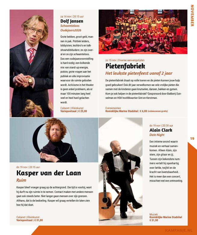 Ron van Noord — Grafisch ontwerp, DTP, Visuele campagnes, Visual design, Content + campagnes — Theater De Kampanje — Theatergids 2026–2027 — Beeld: Magazinepagina 19 — Project: Een energieke theatergids en straatcampagne voor seizoen 2026–2027, met meerdere opvallende…