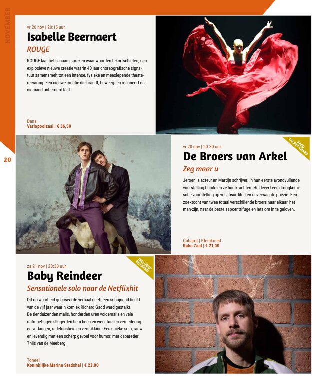 Ron van Noord — Grafisch ontwerp, DTP, Visuele campagnes, Visual design, Content + campagnes — Theater De Kampanje — Theatergids 2026–2027 — Beeld: Magazinepagina 20 — Project: Een energieke theatergids en straatcampagne voor seizoen 2026–2027, met meerdere opvallende…