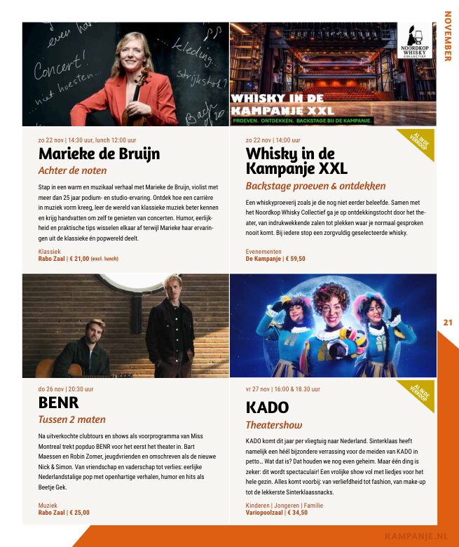 Ron van Noord — Grafisch ontwerp, DTP, Visuele campagnes, Visual design, Content + campagnes — Theater De Kampanje — Theatergids 2026–2027 — Beeld: Magazinepagina 21 — Project: Een energieke theatergids en straatcampagne voor seizoen 2026–2027, met meerdere opvallende…