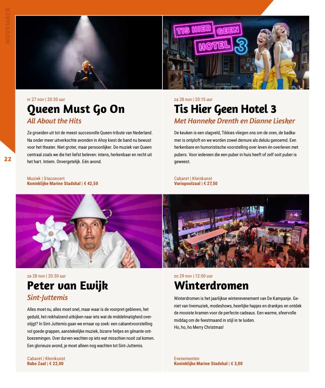Ron van Noord — Grafisch ontwerp, DTP, Visuele campagnes, Visual design, Content + campagnes — Theater De Kampanje — Theatergids 2026–2027 — Beeld: Magazinepagina 22 — Project: Een energieke theatergids en straatcampagne voor seizoen 2026–2027, met meerdere opvallende…