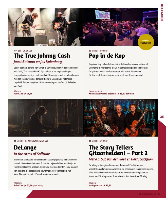 Ron van Noord — Grafisch ontwerp, DTP, Visuele campagnes, Visual design, Content + campagnes — Theater De Kampanje — Theatergids 2026–2027 — Beeld: Magazinepagina 25 — Project: Een energieke theatergids en straatcampagne voor seizoen 2026–2027, met meerdere opvallende…