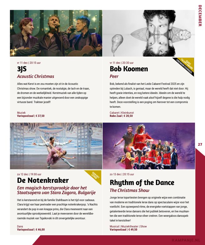 Ron van Noord — Grafisch ontwerp, DTP, Visuele campagnes, Visual design, Content + campagnes — Theater De Kampanje — Theatergids 2026–2027 — Beeld: Magazinepagina 27 — Project: Een energieke theatergids en straatcampagne voor seizoen 2026–2027, met meerdere opvallende…