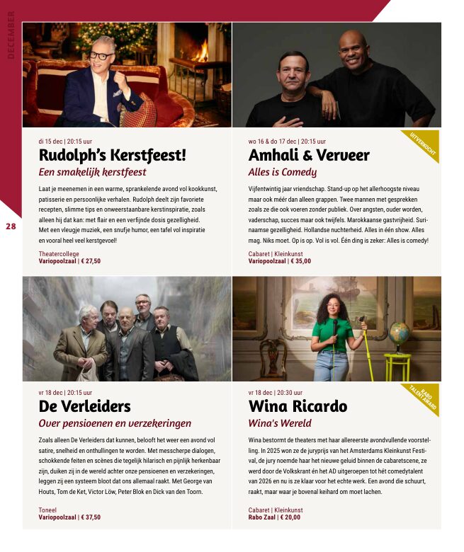 Ron van Noord — Grafisch ontwerp, DTP, Visuele campagnes, Visual design, Content + campagnes — Theater De Kampanje — Theatergids 2026–2027 — Beeld: Magazinepagina 28 — Project: Een energieke theatergids en straatcampagne voor seizoen 2026–2027, met meerdere opvallende…