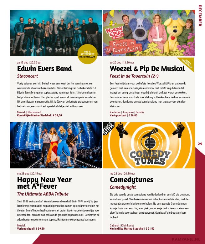 Ron van Noord — Grafisch ontwerp, DTP, Visuele campagnes, Visual design, Content + campagnes — Theater De Kampanje — Theatergids 2026–2027 — Beeld: Magazinepagina 29 — Project: Een energieke theatergids en straatcampagne voor seizoen 2026–2027, met meerdere opvallende…
