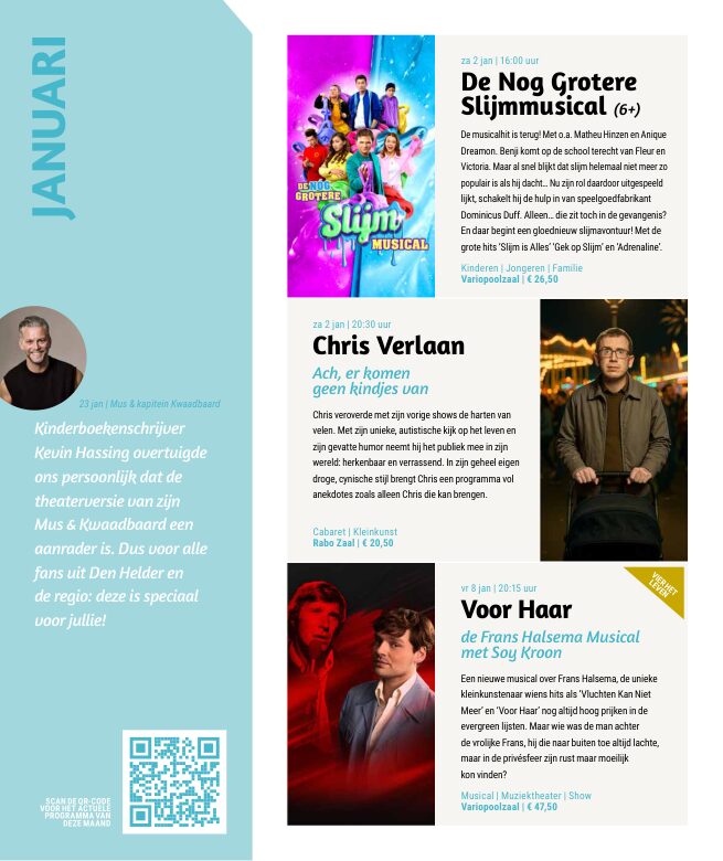Ron van Noord — Grafisch ontwerp, DTP, Visuele campagnes, Visual design, Content + campagnes — Theater De Kampanje — Theatergids 2026–2027 — Beeld: Magazinepagina 30 — Project: Een energieke theatergids en straatcampagne voor seizoen 2026–2027, met meerdere opvallende…