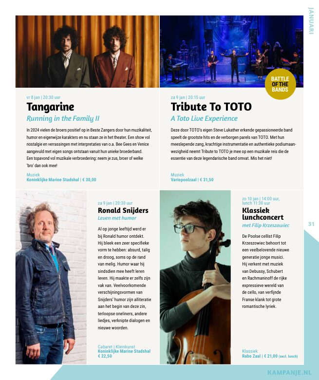 Ron van Noord — Grafisch ontwerp, DTP, Visuele campagnes, Visual design, Content + campagnes — Theater De Kampanje — Theatergids 2026–2027 — Beeld: Magazinepagina 31 — Project: Een energieke theatergids en straatcampagne voor seizoen 2026–2027, met meerdere opvallende…