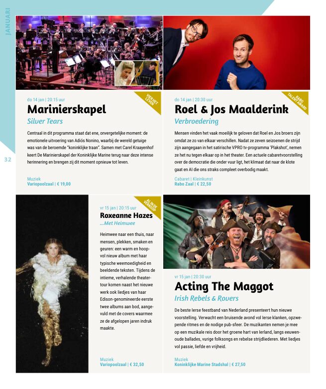 Ron van Noord — Grafisch ontwerp, DTP, Visuele campagnes, Visual design, Content + campagnes — Theater De Kampanje — Theatergids 2026–2027 — Beeld: Magazinepagina 32 — Project: Een energieke theatergids en straatcampagne voor seizoen 2026–2027, met meerdere opvallende…