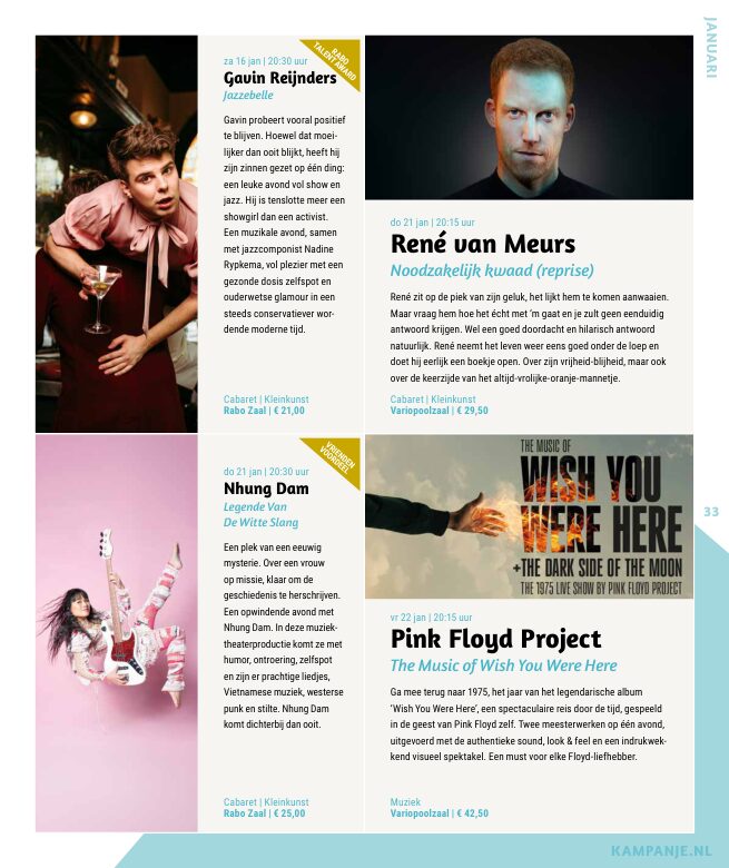 Ron van Noord — Grafisch ontwerp, DTP, Visuele campagnes, Visual design, Content + campagnes — Theater De Kampanje — Theatergids 2026–2027 — Beeld: Magazinepagina 33 — Project: Een energieke theatergids en straatcampagne voor seizoen 2026–2027, met meerdere opvallende…