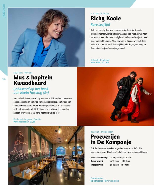 Ron van Noord — Grafisch ontwerp, DTP, Visuele campagnes, Visual design, Content + campagnes — Theater De Kampanje — Theatergids 2026–2027 — Beeld: Magazinepagina 34 — Project: Een energieke theatergids en straatcampagne voor seizoen 2026–2027, met meerdere opvallende…