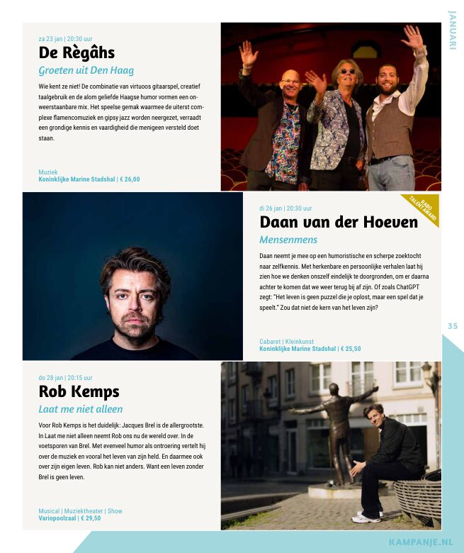 Ron van Noord — Grafisch ontwerp, DTP, Visuele campagnes, Visual design, Content + campagnes — Theater De Kampanje — Theatergids 2026–2027 — Beeld: Magazinepagina 35 — Project: Een energieke theatergids en straatcampagne voor seizoen 2026–2027, met meerdere opvallende…