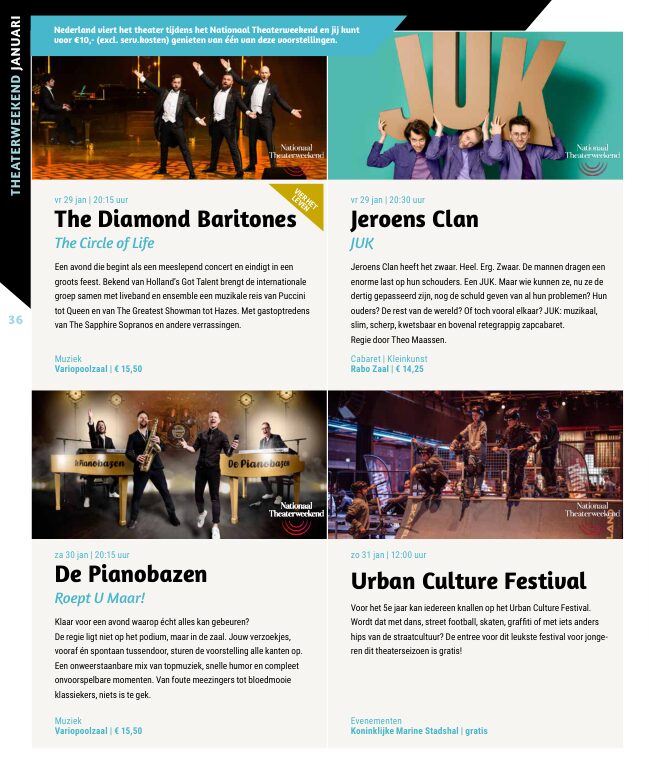 Ron van Noord — Grafisch ontwerp, DTP, Visuele campagnes, Visual design, Content + campagnes — Theater De Kampanje — Theatergids 2026–2027 — Beeld: Magazinepagina 36 — Project: Een energieke theatergids en straatcampagne voor seizoen 2026–2027, met meerdere opvallende…