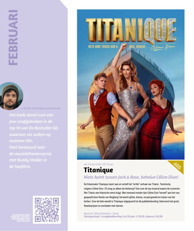 Ron van Noord — Grafisch ontwerp, DTP, Visuele campagnes, Visual design, Content + campagnes — Theater De Kampanje — Theatergids 2026–2027 — Beeld: Magazinepagina 38 — Project: Een energieke theatergids en straatcampagne voor seizoen 2026–2027, met meerdere opvallende…