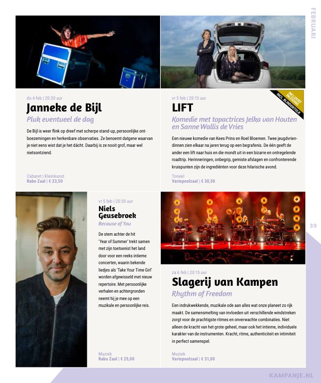 Ron van Noord — Grafisch ontwerp, DTP, Visuele campagnes, Visual design, Content + campagnes — Theater De Kampanje — Theatergids 2026–2027 — Beeld: Magazinepagina 39 — Project: Een energieke theatergids en straatcampagne voor seizoen 2026–2027, met meerdere opvallende…