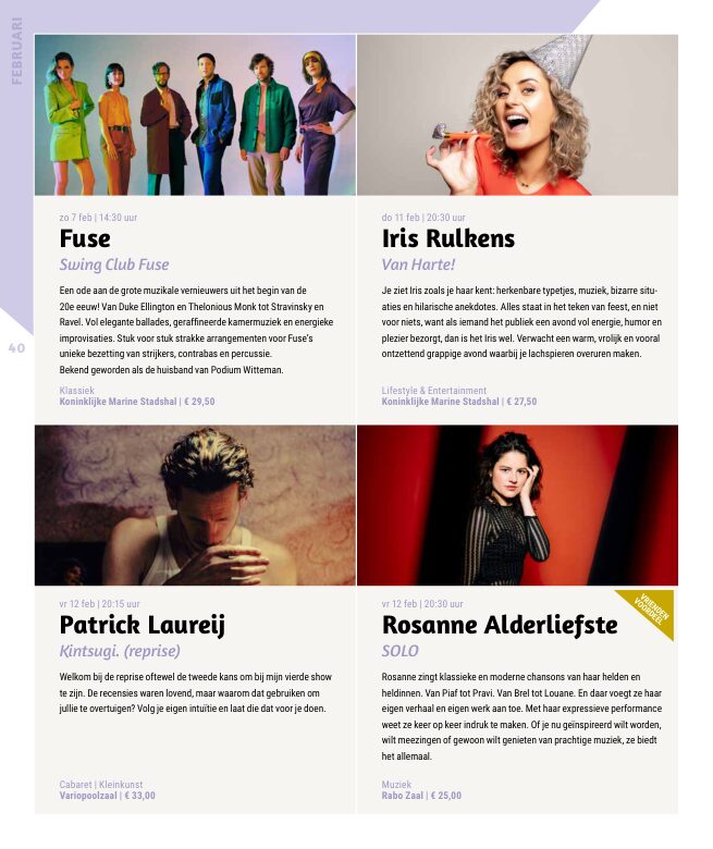 Ron van Noord — Grafisch ontwerp, DTP, Visuele campagnes, Visual design, Content + campagnes — Theater De Kampanje — Theatergids 2026–2027 — Beeld: Magazinepagina 40 — Project: Een energieke theatergids en straatcampagne voor seizoen 2026–2027, met meerdere opvallende…