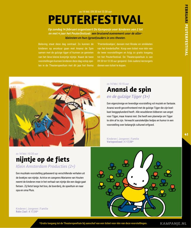 Ron van Noord — Grafisch ontwerp, DTP, Visuele campagnes, Visual design, Content + campagnes — Theater De Kampanje — Theatergids 2026–2027 — Beeld: Magazinepagina 41 — Project: Een energieke theatergids en straatcampagne voor seizoen 2026–2027, met meerdere opvallende…