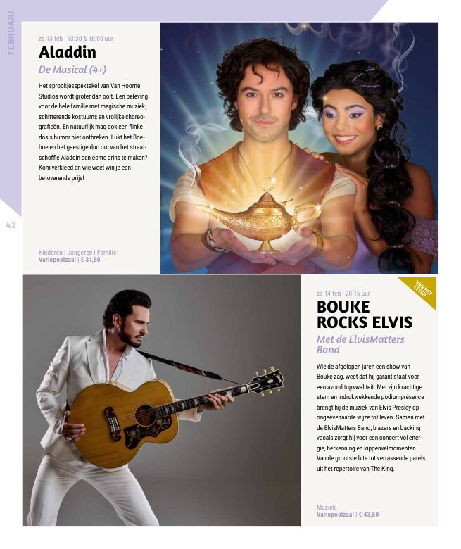 Ron van Noord — Grafisch ontwerp, DTP, Visuele campagnes, Visual design, Content + campagnes — Theater De Kampanje — Theatergids 2026–2027 — Beeld: Magazinepagina 42 — Project: Een energieke theatergids en straatcampagne voor seizoen 2026–2027, met meerdere opvallende…