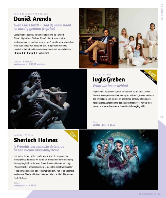 Ron van Noord — Grafisch ontwerp, DTP, Visuele campagnes, Visual design, Content + campagnes — Theater De Kampanje — Theatergids 2026–2027 — Beeld: Magazinepagina 43 — Project: Een energieke theatergids en straatcampagne voor seizoen 2026–2027, met meerdere opvallende…