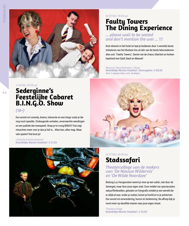 Ron van Noord — Grafisch ontwerp, DTP, Visuele campagnes, Visual design, Content + campagnes — Theater De Kampanje — Theatergids 2026–2027 — Beeld: Magazinepagina 44 — Project: Een energieke theatergids en straatcampagne voor seizoen 2026–2027, met meerdere opvallende…
