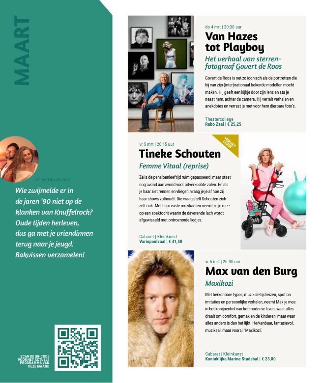 Ron van Noord — Grafisch ontwerp, DTP, Visuele campagnes, Visual design, Content + campagnes — Theater De Kampanje — Theatergids 2026–2027 — Beeld: Magazinepagina 46 — Project: Een energieke theatergids en straatcampagne voor seizoen 2026–2027, met meerdere opvallende…