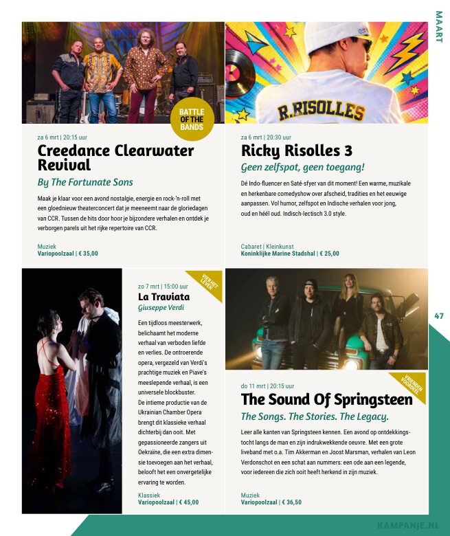 Ron van Noord — Grafisch ontwerp, DTP, Visuele campagnes, Visual design, Content + campagnes — Theater De Kampanje — Theatergids 2026–2027 — Beeld: Magazinepagina 47 — Project: Een energieke theatergids en straatcampagne voor seizoen 2026–2027, met meerdere opvallende…