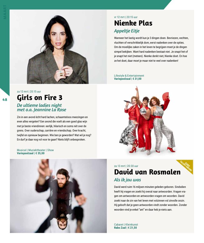 Ron van Noord — Grafisch ontwerp, DTP, Visuele campagnes, Visual design, Content + campagnes — Theater De Kampanje — Theatergids 2026–2027 — Beeld: Magazinepagina 48 — Project: Een energieke theatergids en straatcampagne voor seizoen 2026–2027, met meerdere opvallende…