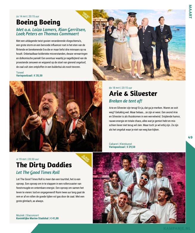 Ron van Noord — Grafisch ontwerp, DTP, Visuele campagnes, Visual design, Content + campagnes — Theater De Kampanje — Theatergids 2026–2027 — Beeld: Magazinepagina 49 — Project: Een energieke theatergids en straatcampagne voor seizoen 2026–2027, met meerdere opvallende…