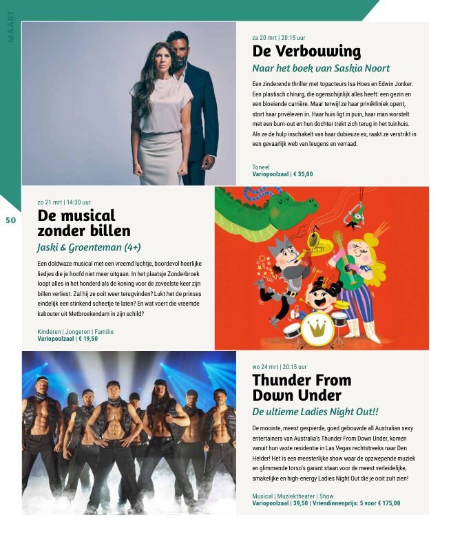 Ron van Noord — Grafisch ontwerp, DTP, Visuele campagnes, Visual design, Content + campagnes — Theater De Kampanje — Theatergids 2026–2027 — Beeld: Magazinepagina 50 — Project: Een energieke theatergids en straatcampagne voor seizoen 2026–2027, met meerdere opvallende…