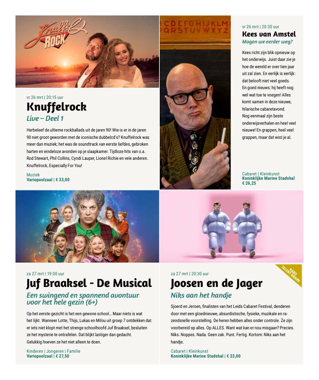 Ron van Noord — Grafisch ontwerp, DTP, Visuele campagnes, Visual design, Content + campagnes — Theater De Kampanje — Theatergids 2026–2027 — Beeld: Magazinepagina 51 — Project: Een energieke theatergids en straatcampagne voor seizoen 2026–2027, met meerdere opvallende…