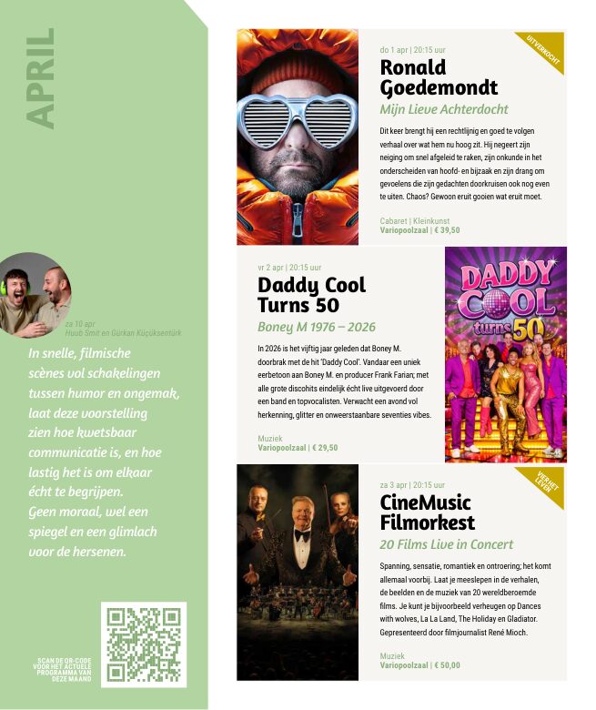 Ron van Noord — Grafisch ontwerp, DTP, Visuele campagnes, Visual design, Content + campagnes — Theater De Kampanje — Theatergids 2026–2027 — Beeld: Magazinepagina 52 — Project: Een energieke theatergids en straatcampagne voor seizoen 2026–2027, met meerdere opvallende…