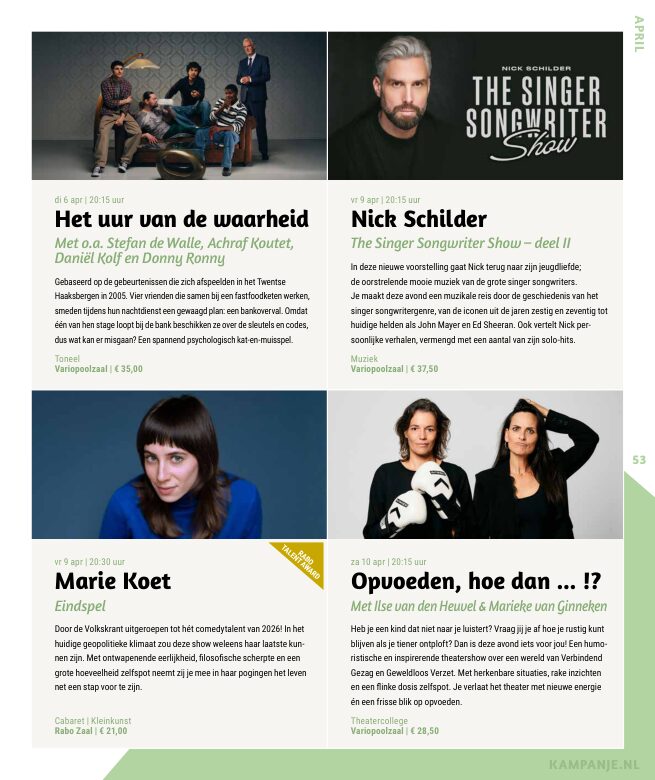 Ron van Noord — Grafisch ontwerp, DTP, Visuele campagnes, Visual design, Content + campagnes — Theater De Kampanje — Theatergids 2026–2027 — Beeld: Magazinepagina 53 — Project: Een energieke theatergids en straatcampagne voor seizoen 2026–2027, met meerdere opvallende…