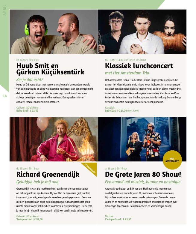 Ron van Noord — Grafisch ontwerp, DTP, Visuele campagnes, Visual design, Content + campagnes — Theater De Kampanje — Theatergids 2026–2027 — Beeld: Magazinepagina 54 — Project: Een energieke theatergids en straatcampagne voor seizoen 2026–2027, met meerdere opvallende…