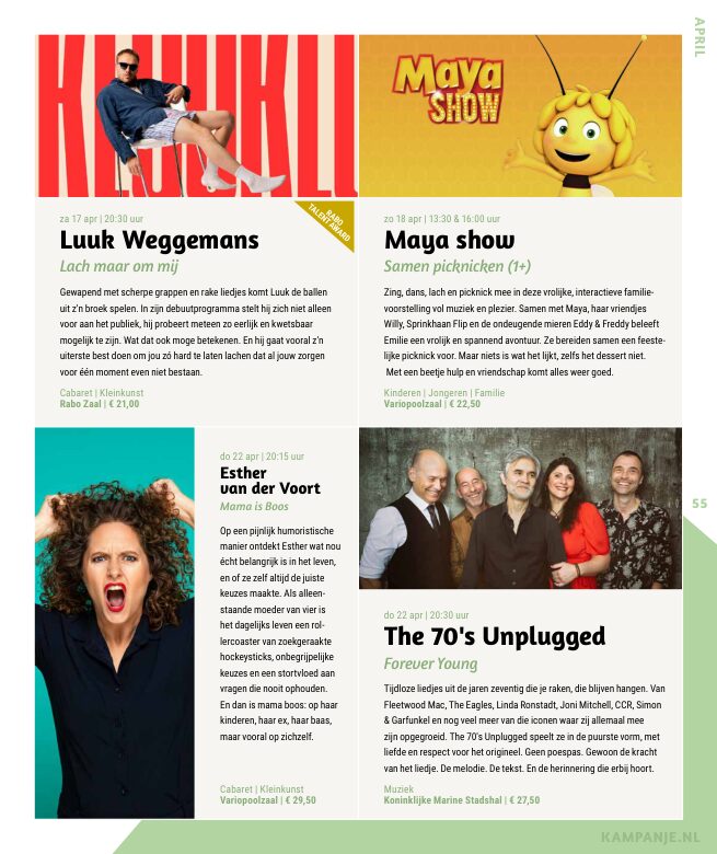 Ron van Noord — Grafisch ontwerp, DTP, Visuele campagnes, Visual design, Content + campagnes — Theater De Kampanje — Theatergids 2026–2027 — Beeld: Magazinepagina 55 — Project: Een energieke theatergids en straatcampagne voor seizoen 2026–2027, met meerdere opvallende…