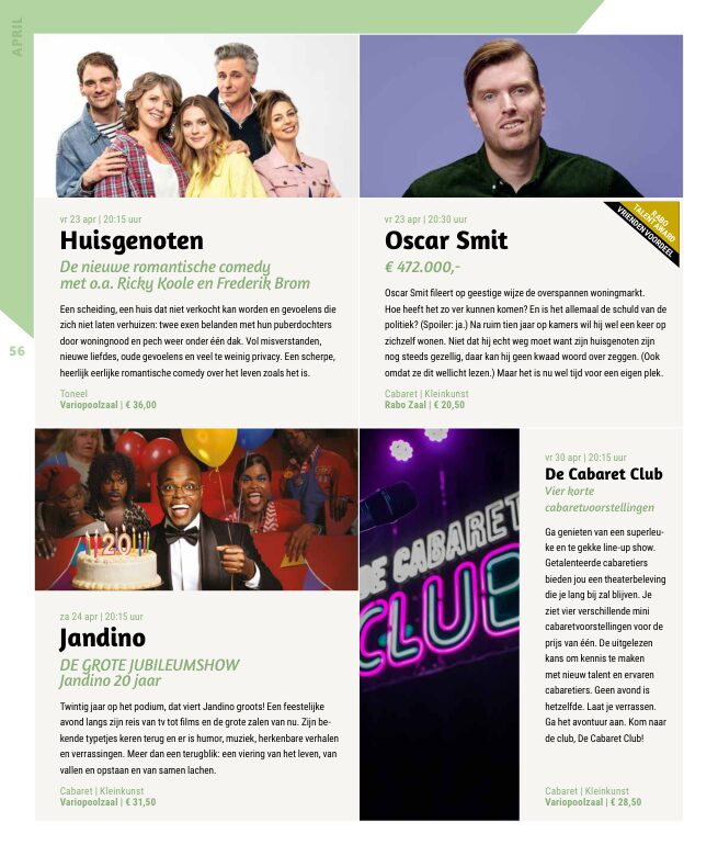 Ron van Noord — Grafisch ontwerp, DTP, Visuele campagnes, Visual design, Content + campagnes — Theater De Kampanje — Theatergids 2026–2027 — Beeld: Magazinepagina 56 — Project: Een energieke theatergids en straatcampagne voor seizoen 2026–2027, met meerdere opvallende…