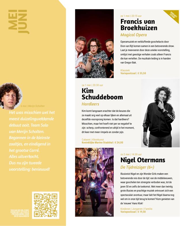 Ron van Noord — Grafisch ontwerp, DTP, Visuele campagnes, Visual design, Content + campagnes — Theater De Kampanje — Theatergids 2026–2027 — Beeld: Magazinepagina 58 — Project: Een energieke theatergids en straatcampagne voor seizoen 2026–2027, met meerdere opvallende…