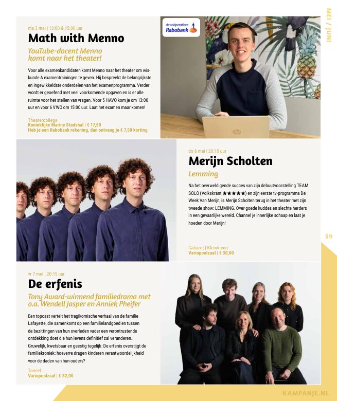 Ron van Noord — Grafisch ontwerp, DTP, Visuele campagnes, Visual design, Content + campagnes — Theater De Kampanje — Theatergids 2026–2027 — Beeld: Magazinepagina 59 — Project: Een energieke theatergids en straatcampagne voor seizoen 2026–2027, met meerdere opvallende…