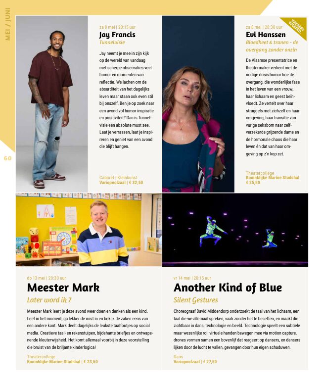Ron van Noord — Grafisch ontwerp, DTP, Visuele campagnes, Visual design, Content + campagnes — Theater De Kampanje — Theatergids 2026–2027 — Beeld: Magazinepagina 60 — Project: Een energieke theatergids en straatcampagne voor seizoen 2026–2027, met meerdere opvallende…