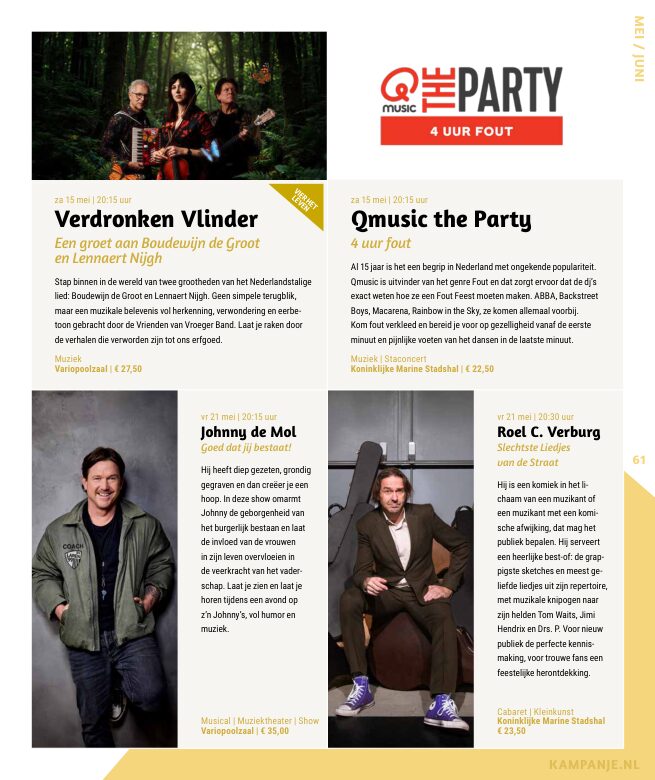 Ron van Noord — Grafisch ontwerp, DTP, Visuele campagnes, Visual design, Content + campagnes — Theater De Kampanje — Theatergids 2026–2027 — Beeld: Magazinepagina 61 — Project: Een energieke theatergids en straatcampagne voor seizoen 2026–2027, met meerdere opvallende…