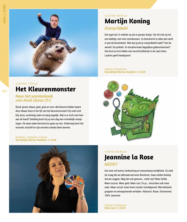 Ron van Noord — Grafisch ontwerp, DTP, Visuele campagnes, Visual design, Content + campagnes — Theater De Kampanje — Theatergids 2026–2027 — Beeld: Magazinepagina 62 — Project: Een energieke theatergids en straatcampagne voor seizoen 2026–2027, met meerdere opvallende…