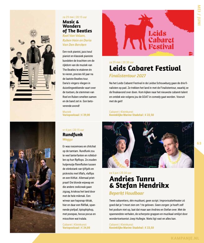 Ron van Noord — Grafisch ontwerp, DTP, Visuele campagnes, Visual design, Content + campagnes — Theater De Kampanje — Theatergids 2026–2027 — Beeld: Magazinepagina 63 — Project: Een energieke theatergids en straatcampagne voor seizoen 2026–2027, met meerdere opvallende…