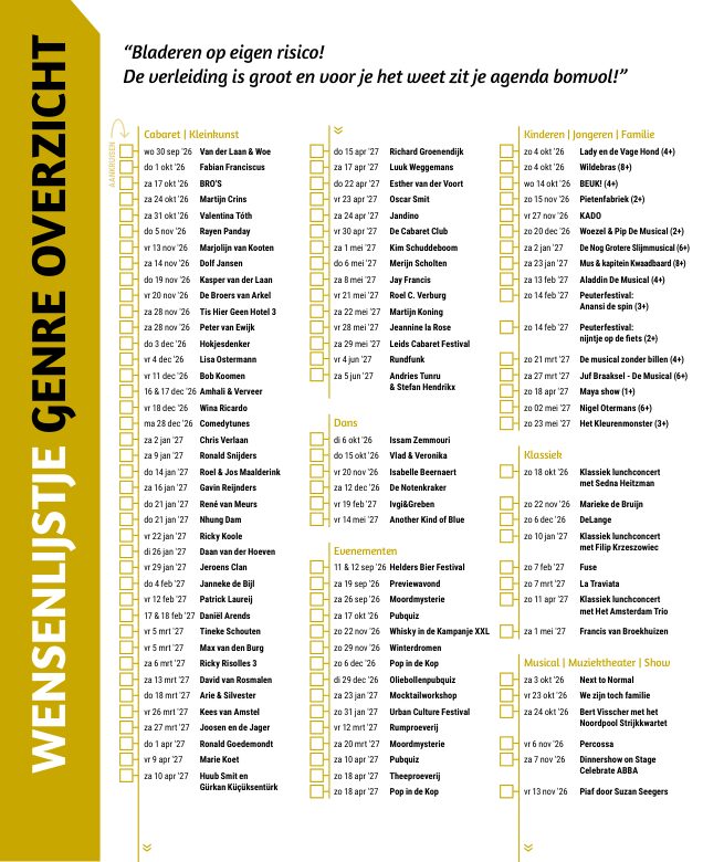 Ron van Noord — Grafisch ontwerp, DTP, Visuele campagnes, Visual design, Content + campagnes — Theater De Kampanje — Theatergids 2026–2027 — Beeld: Magazinepagina 64 — Project: Een energieke theatergids en straatcampagne voor seizoen 2026–2027, met meerdere opvallende…